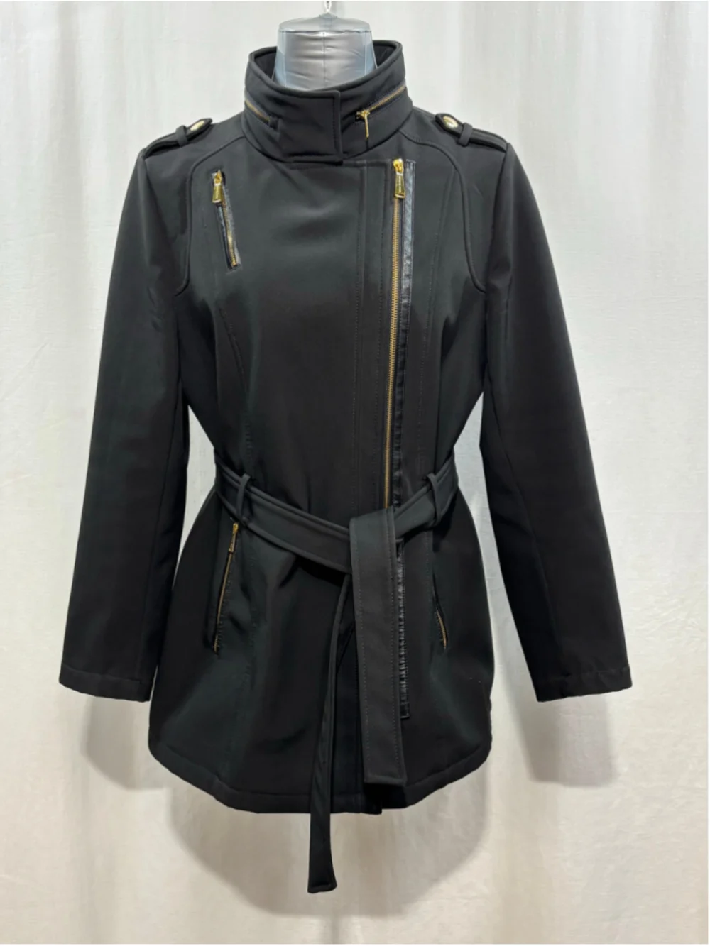 Women's Michael Kors Asymmetrical Belted Softshell Jacket – Black/Gold Size L